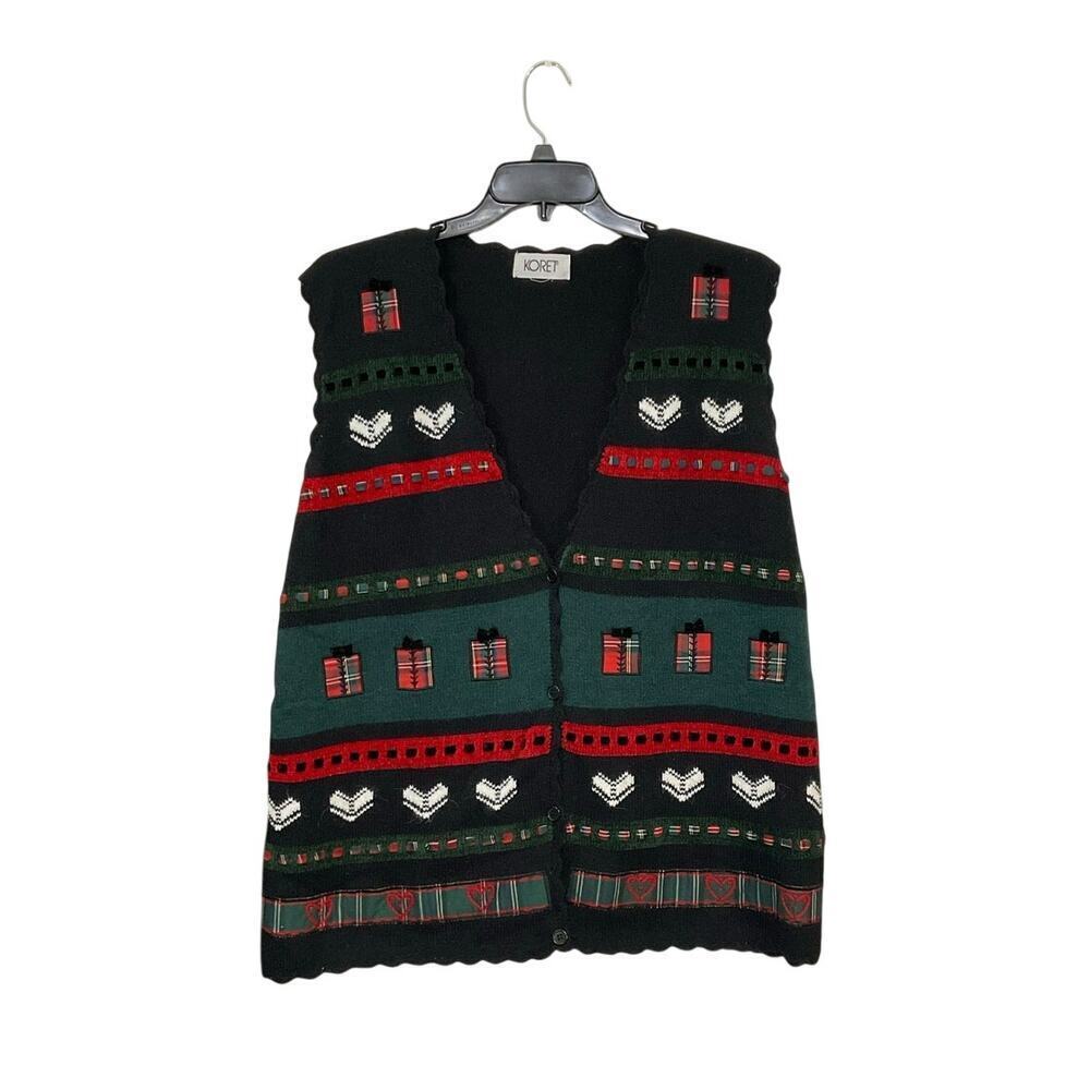VTG 90s Koret Women’s Christmas Sweater Vest Plaid Hearts Gifts Sz 2X Button